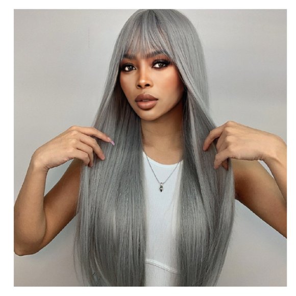 Long Straight Hair Wig with Bangs Ash Gray Wig - Hip Length - Picture 4 of 4